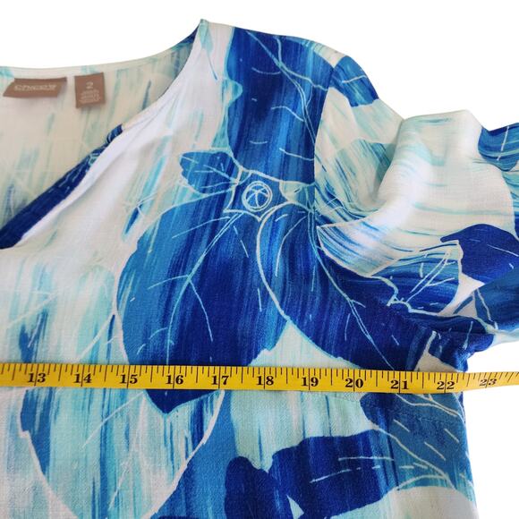Chicos Womens Tropical Print Blouse Size Large Blue White Split Neck Lightweight - Picture 9 of 10
